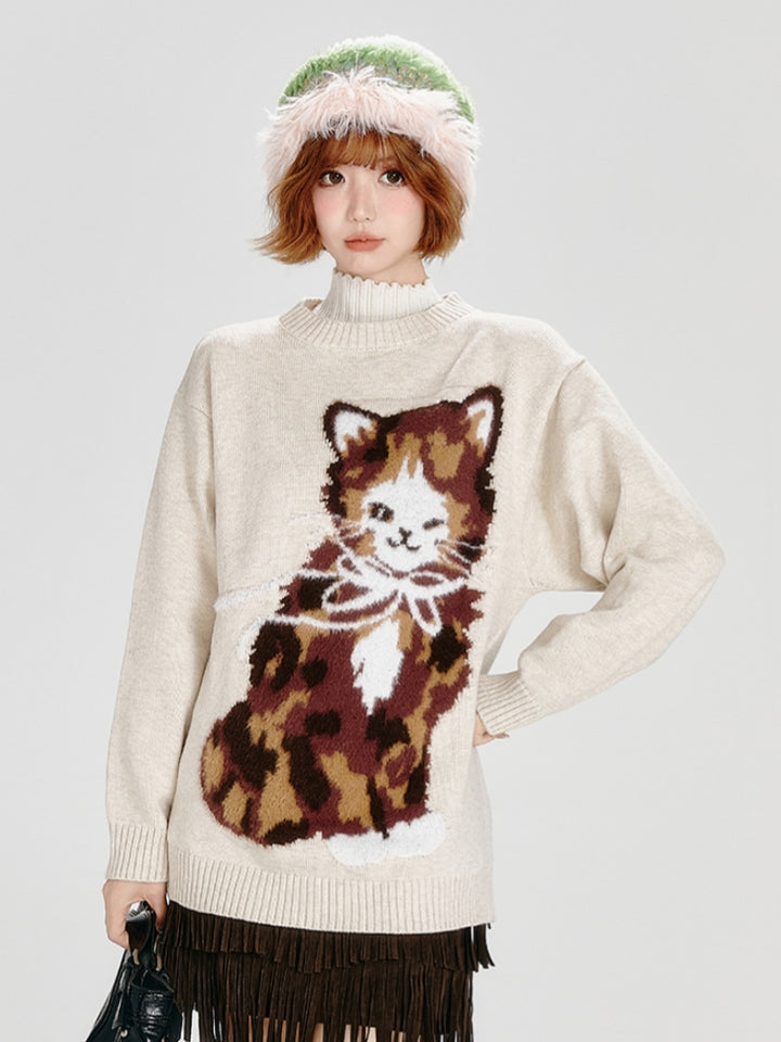 ﻿ Kitten Pattern Jacquard Knit Sweater