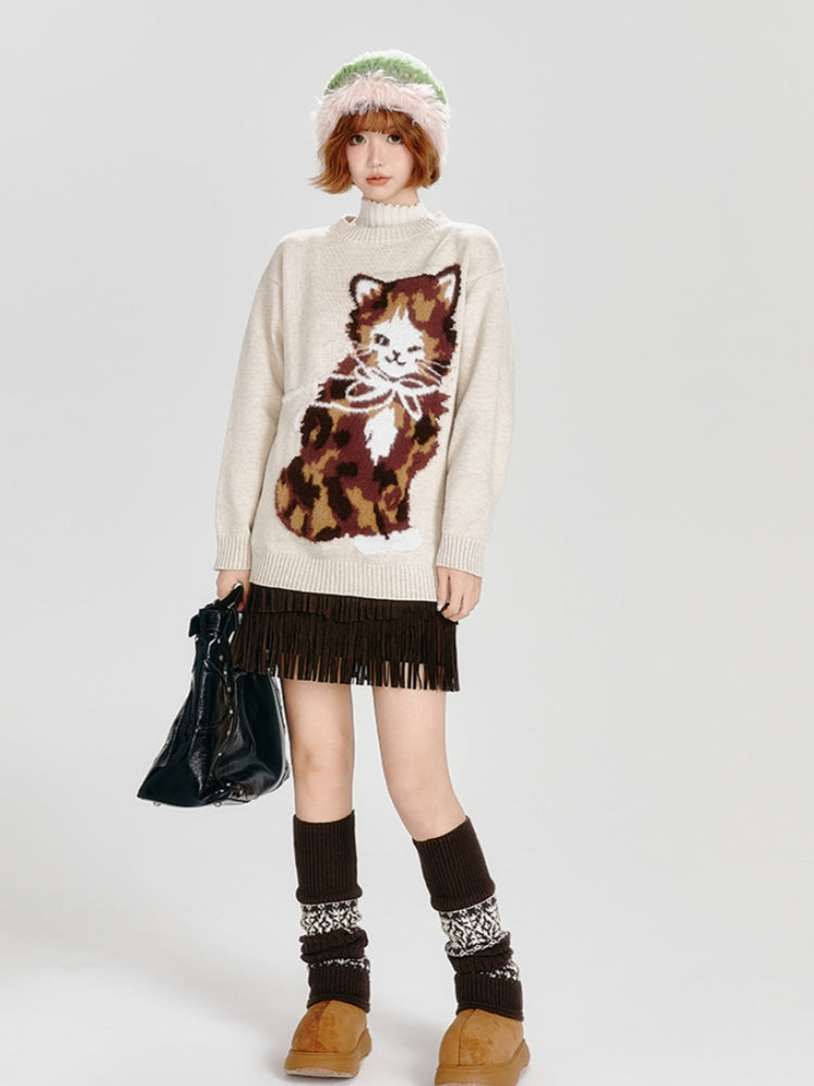 ﻿ Kitten Pattern Jacquard Knit Sweater