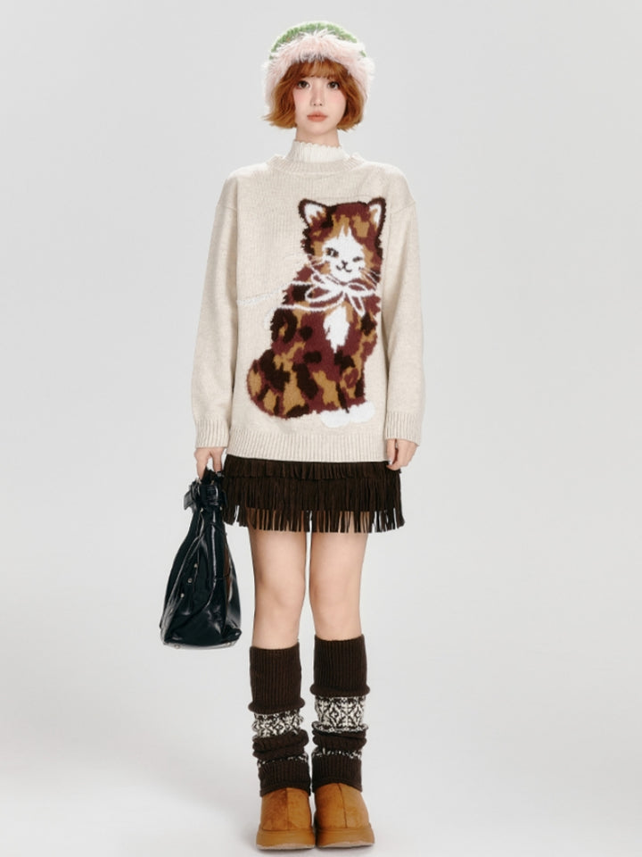 ﻿ Kitten Pattern Jacquard Knit Sweater