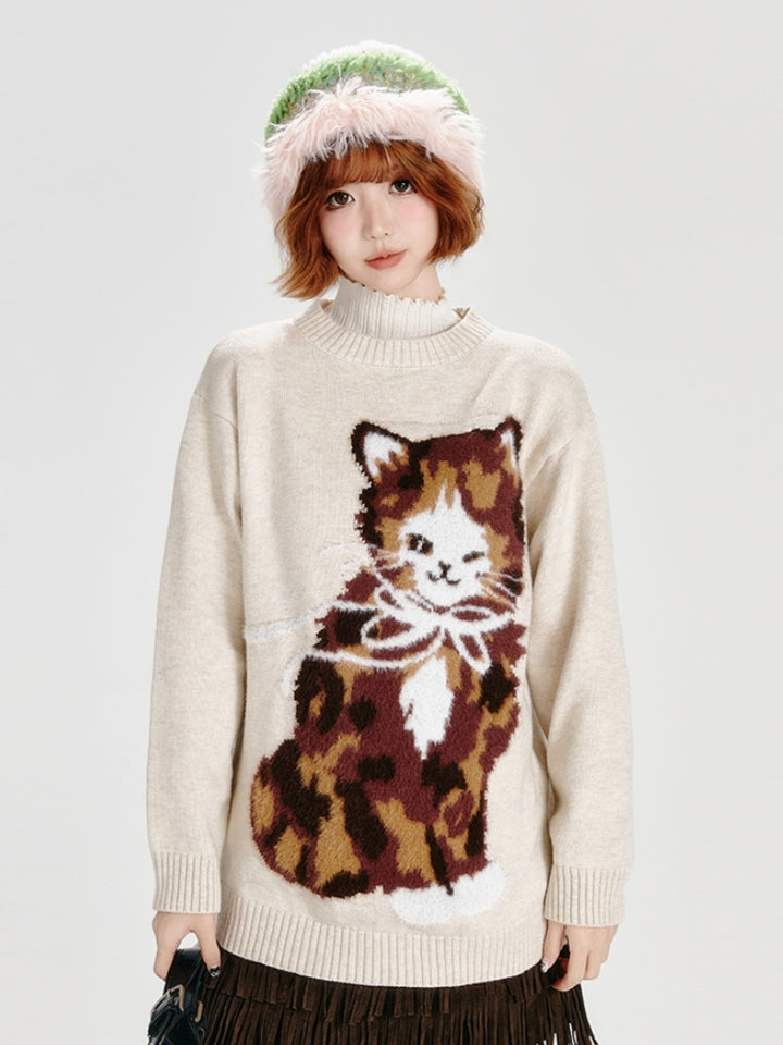 ﻿ Kitten Pattern Jacquard Knit Sweater