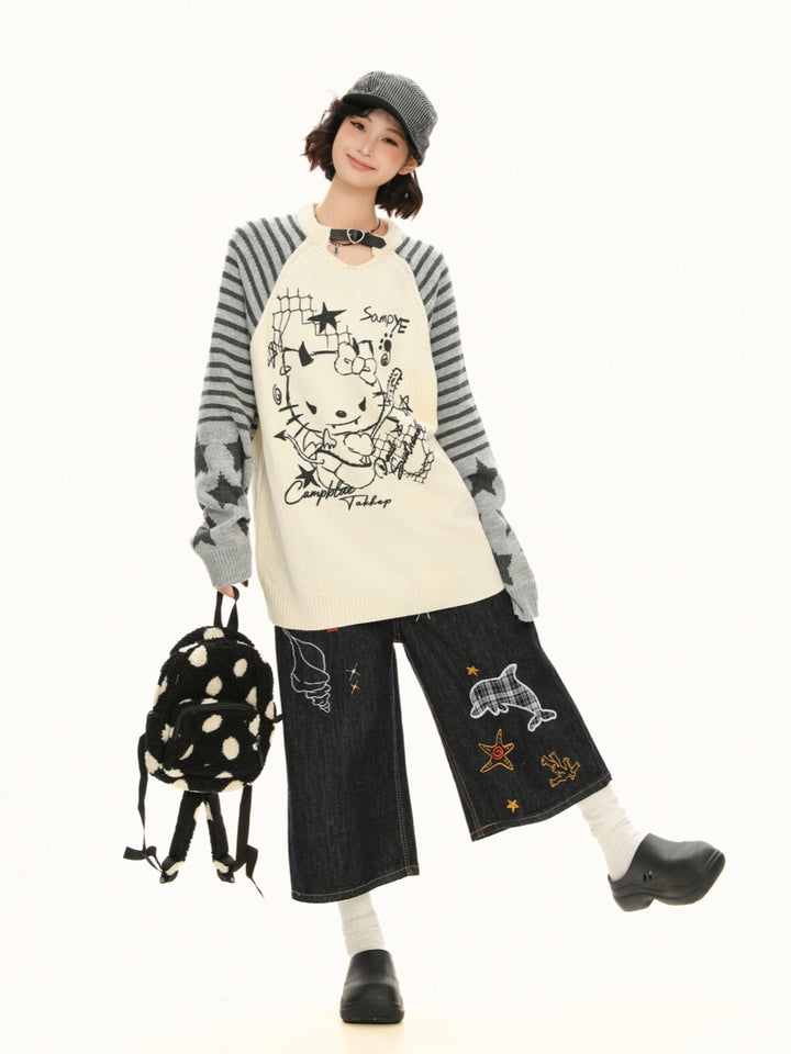 Little Devil Kitty Knit Top - Punk Kawaii Striped Sweater for Women