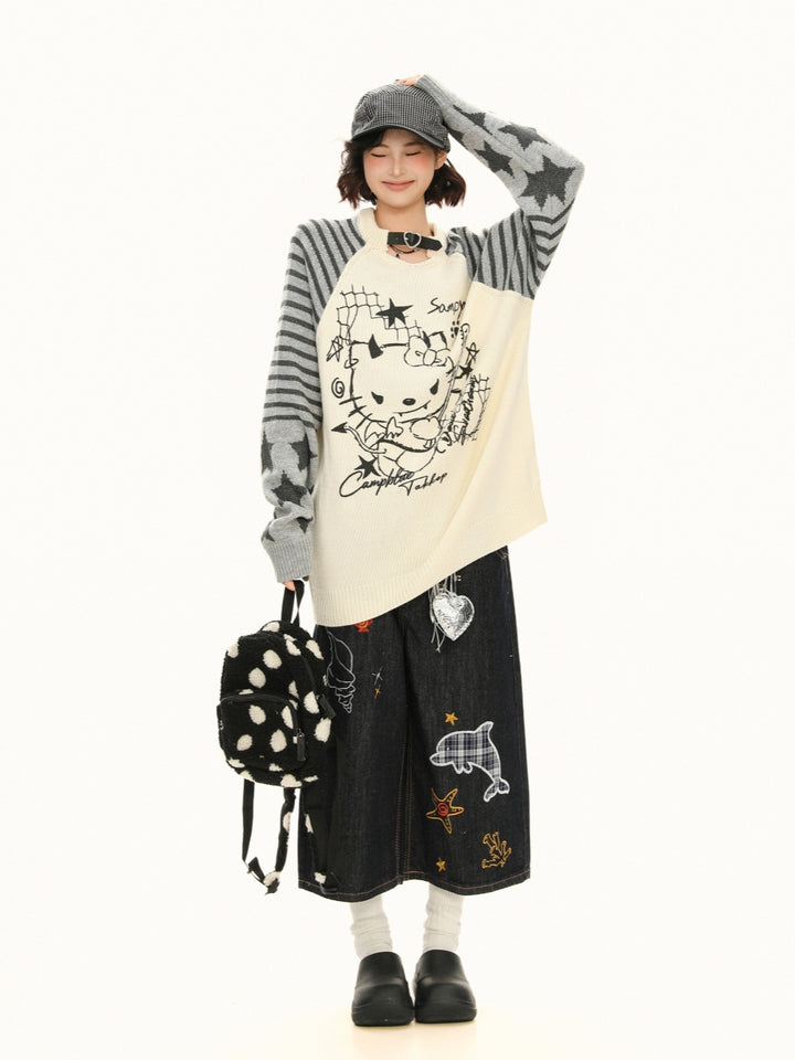 Little Devil Kitty Knit Top - Punk Kawaii Striped Sweater for Women