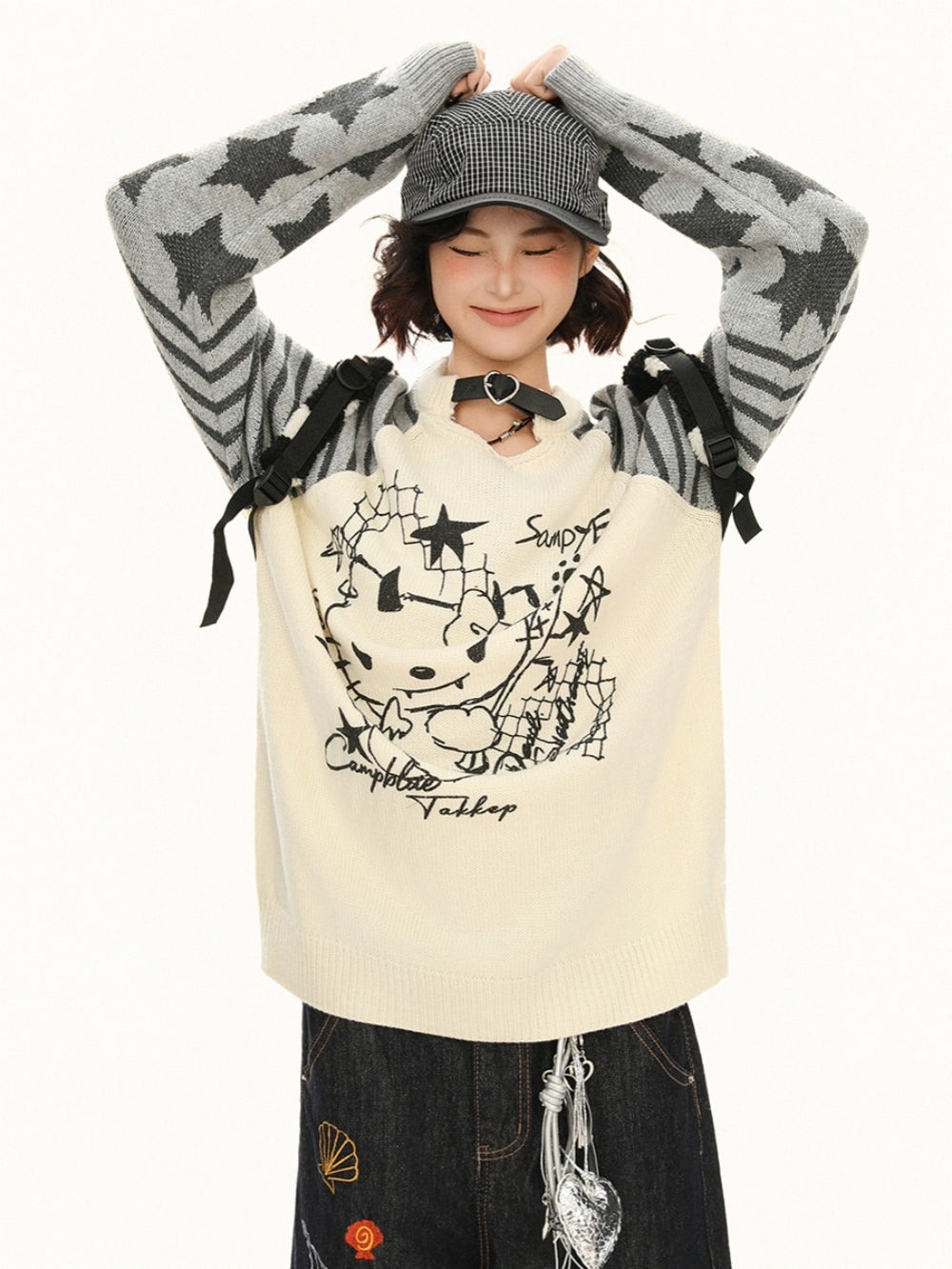Little Devil Kitty Knit Top - Punk Kawaii Striped Sweater for Women