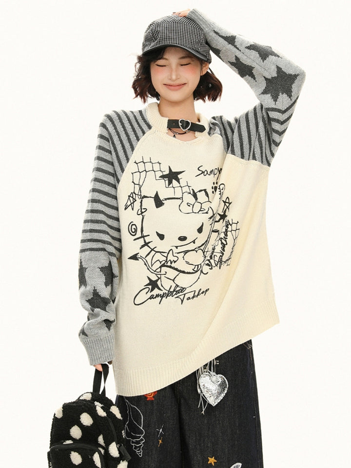 Little Devil Kitty Knit Top - Punk Kawaii Striped Sweater for Women