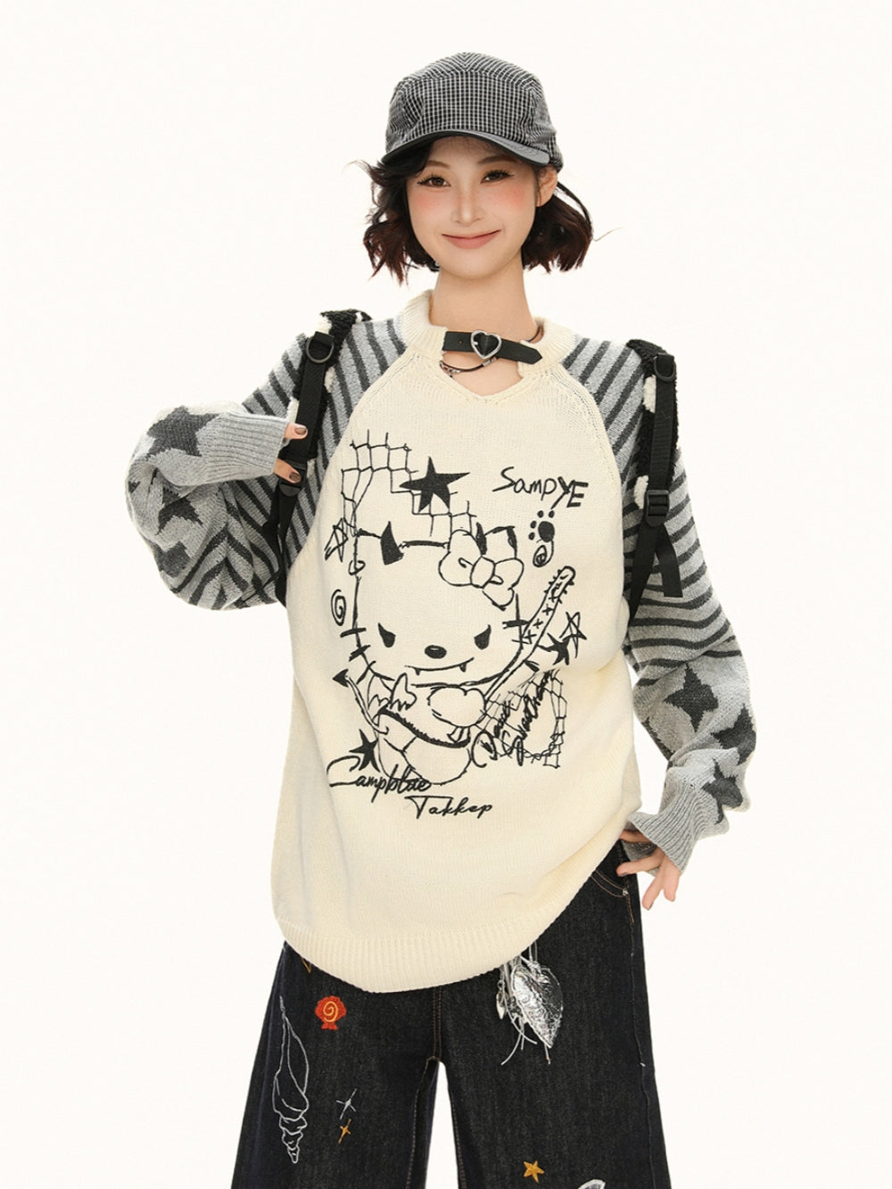 Little Devil Kitty Knit Top - Punk Kawaii Striped Sweater for Women