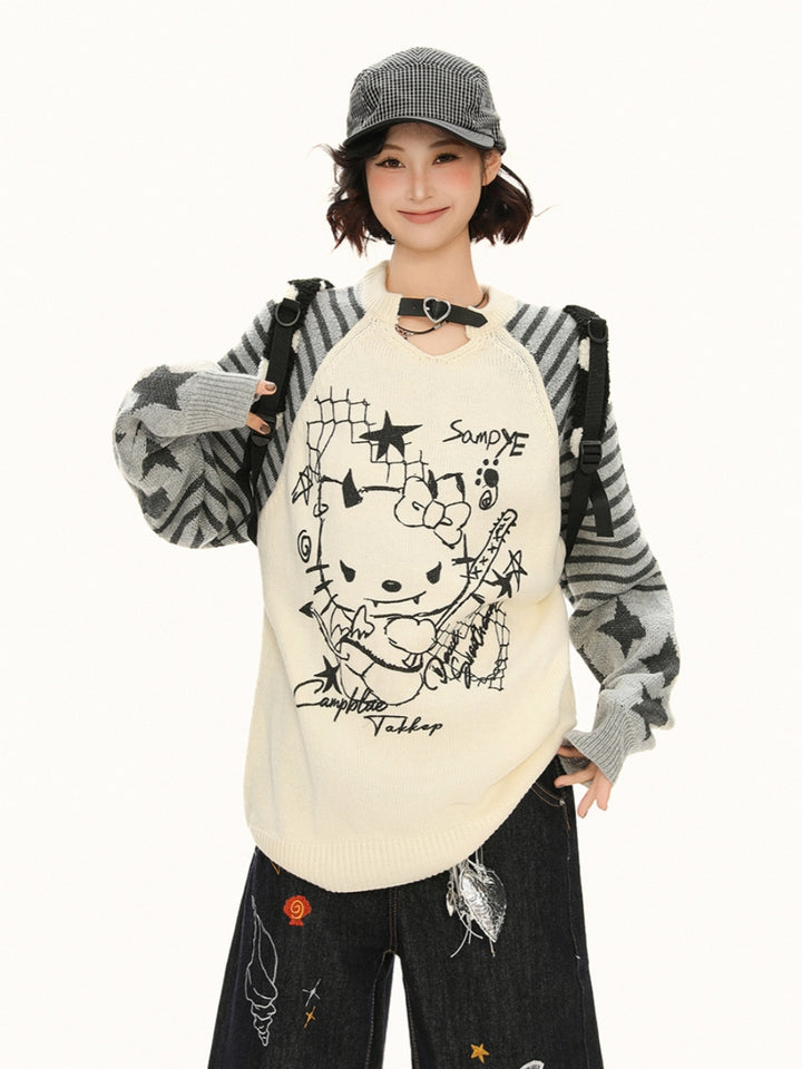 Little Devil Kitty Knit Top - Punk Kawaii Striped Sweater for Women