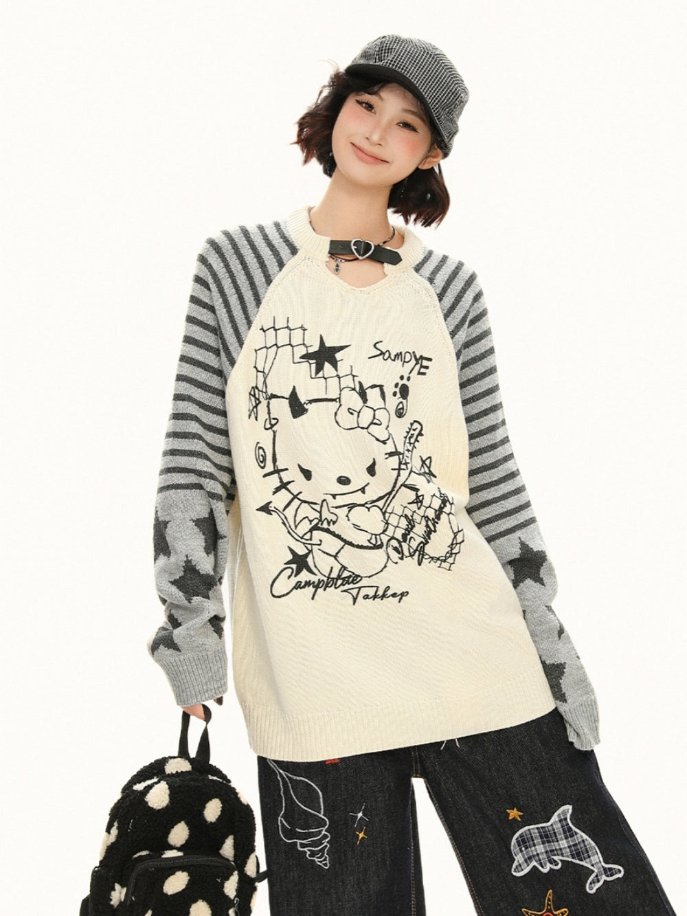 Little Devil Kitty Knit Top - Punk Kawaii Striped Sweater for Women