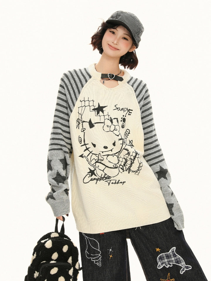 Little Devil Kitty Knit Top - Punk Kawaii Striped Sweater for Women