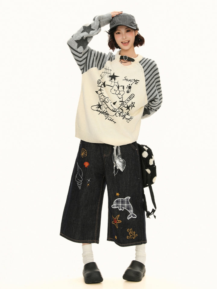 Little Devil Kitty Knit Top - Punk Kawaii Striped Sweater for Women