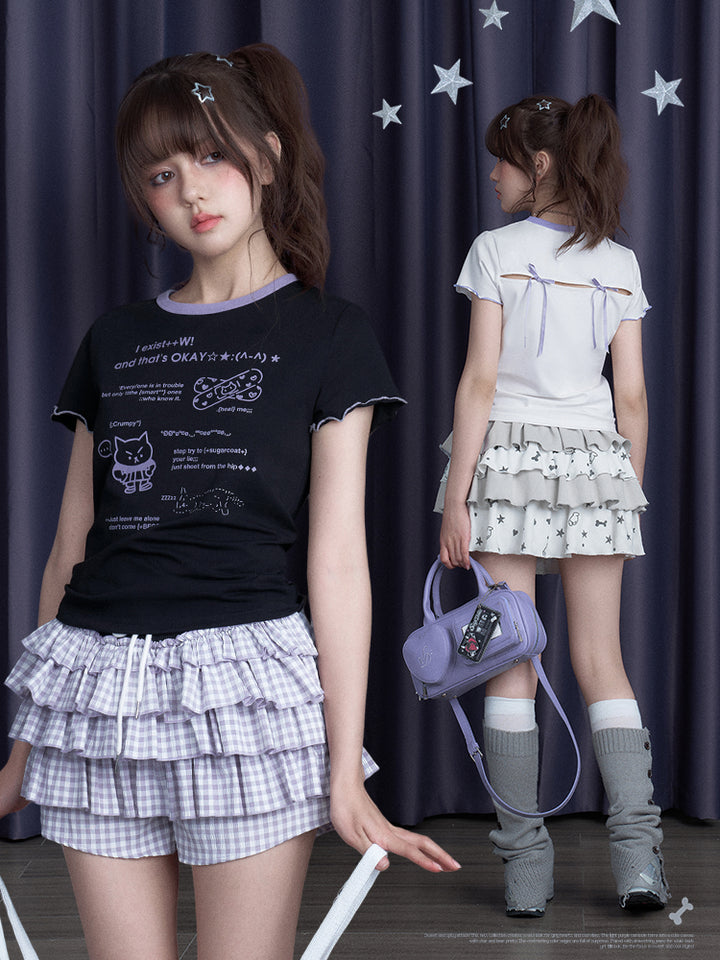 Cool Black/White Cute Print Short-Sleeve Bow T-Shirt