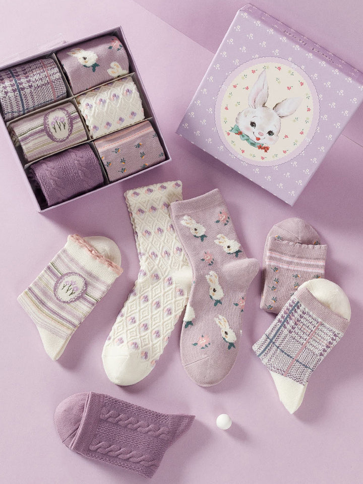 6 pairs of purple rabbit cotton mid-calf socks