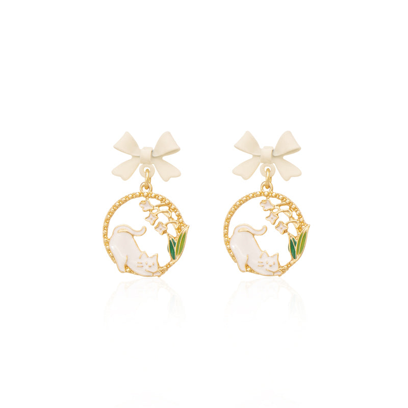 Kitty Lily of the Valley Bowknot Silver Stud Earrings
