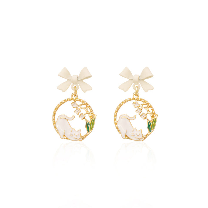 Kitty Lily of the Valley Bowknot Silver Stud Earrings