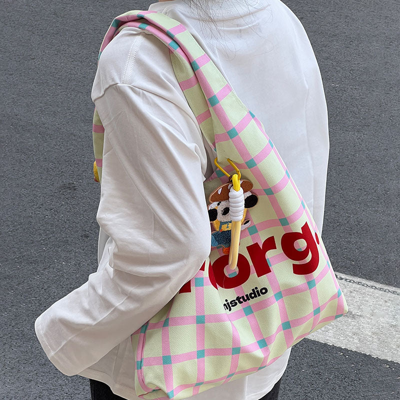 Letters Plaid Printed Tote Bag