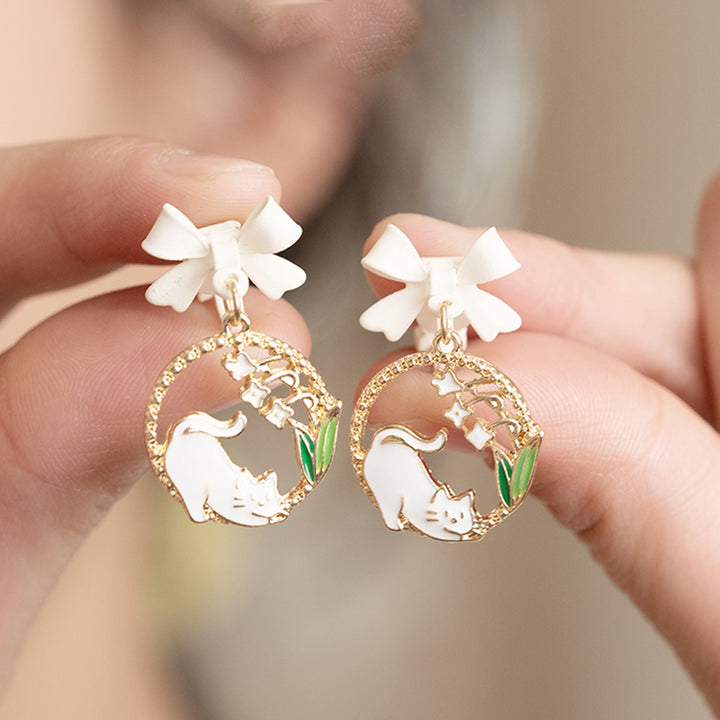 Kitty Lily of the Valley Bowknot Silver Stud Earrings
