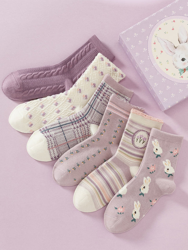 6 pairs of purple rabbit cotton mid-calf socks