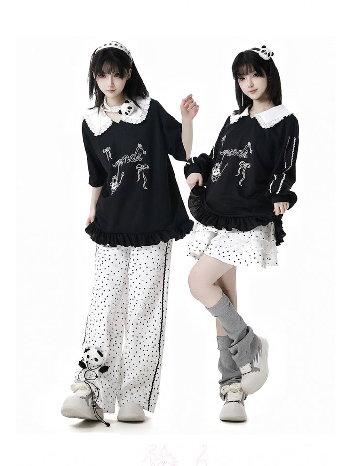 Cute Panda Collar Top/Polka Dot Pants/Skirt