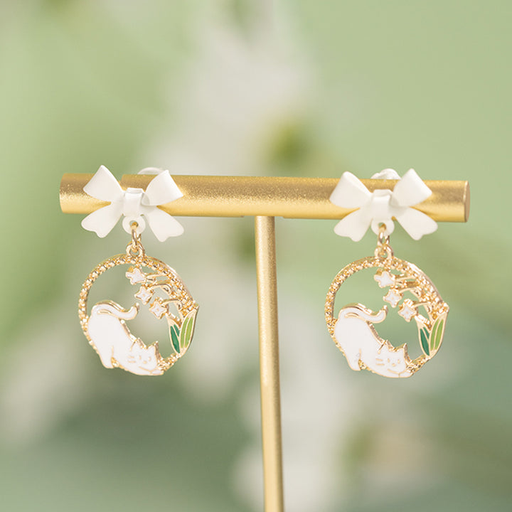 Kitty Lily of the Valley Bowknot Silver Stud Earrings