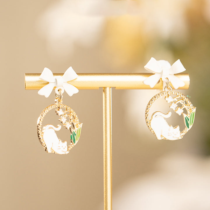 Kitty Lily of the Valley Bowknot Silver Stud Earrings