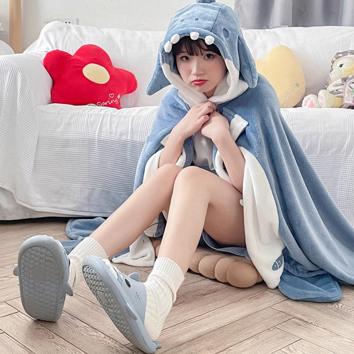 Cute Cartoon Shark Plush Hooded Cape Blanket