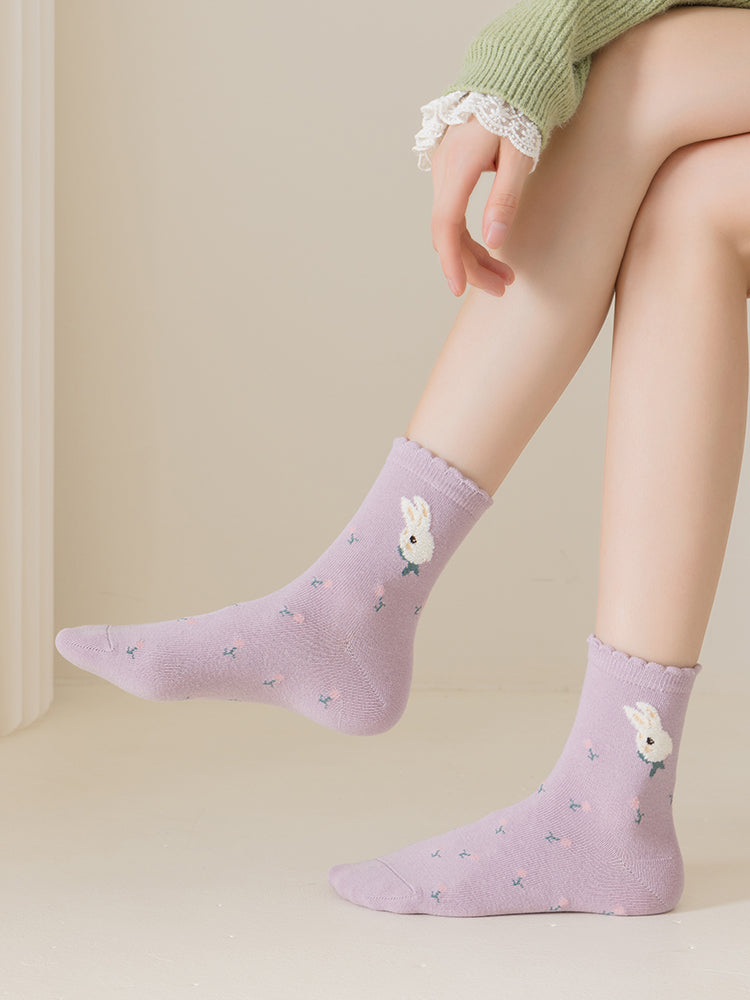 6 pairs of purple rabbit cotton mid-calf socks