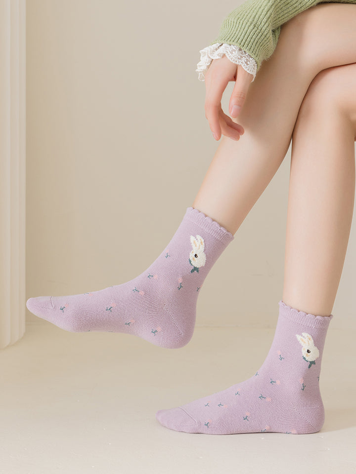 6 pairs of purple rabbit cotton mid-calf socks