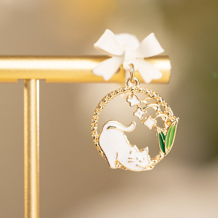 Kitty Lily of the Valley Bowknot Silver Stud Earrings