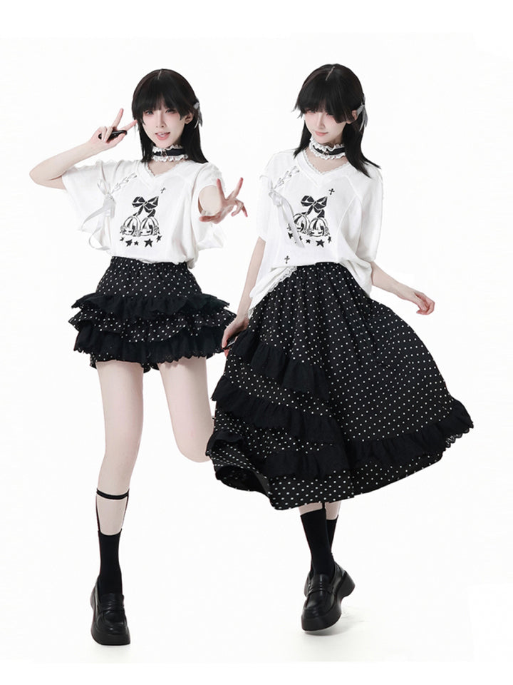 Cute White Bow Top / Black Polka Dot Ruffle Skirt