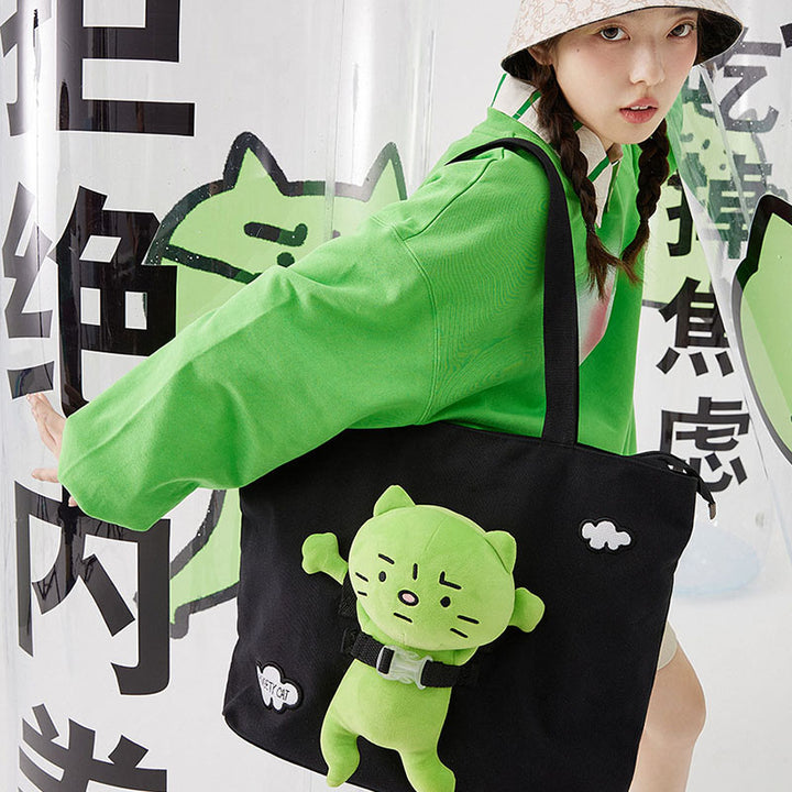 Green Kitty Canvas Tote Bag