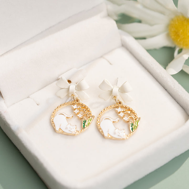 Kitty Lily of the Valley Bowknot Silver Stud Earrings
