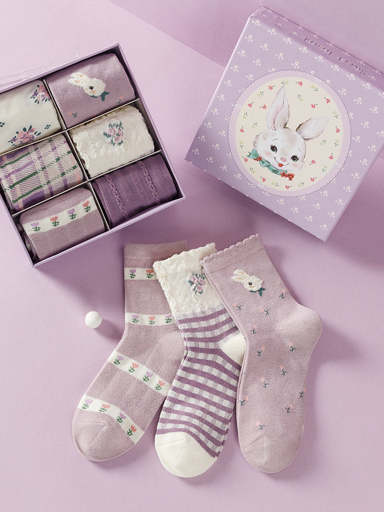 6 pairs of purple rabbit cotton mid-calf socks