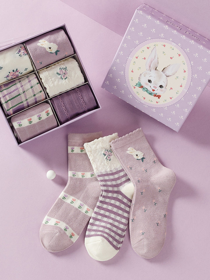 6 pairs of purple rabbit cotton mid-calf socks