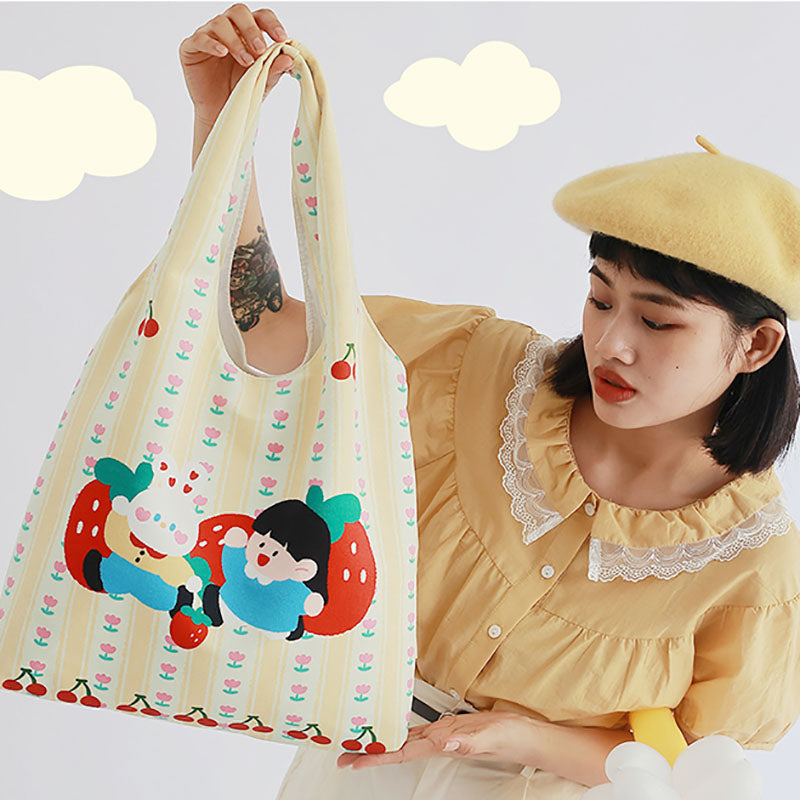 Cartoon Bunny Cherry Printed Canvas Tote Bag