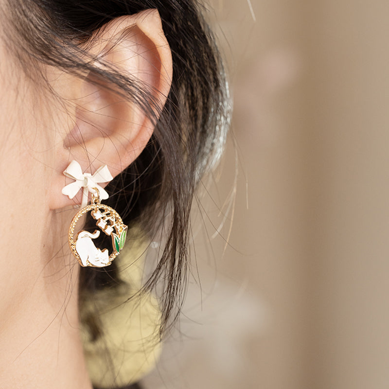 Kitty Lily of the Valley Bowknot Silver Stud Earrings