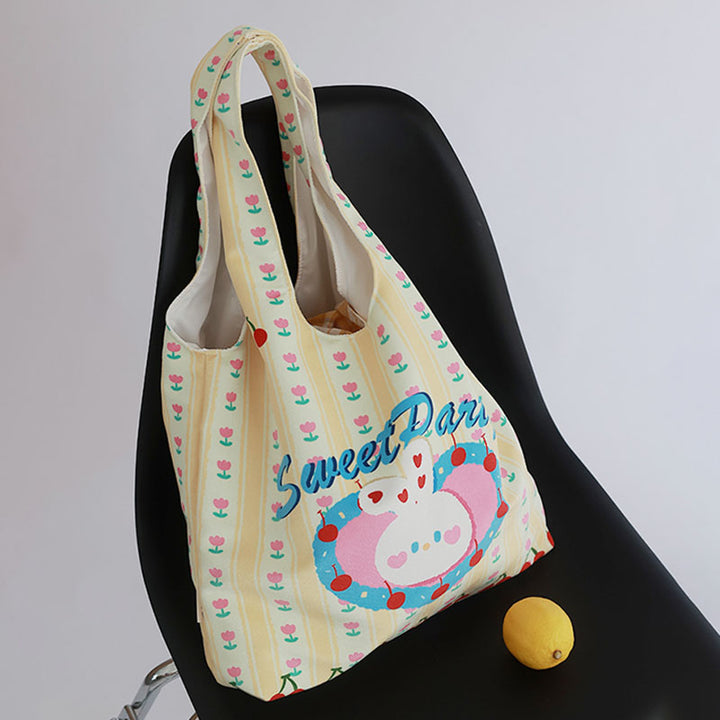 Cartoon Bunny Cherry Printed Canvas Tote Bag