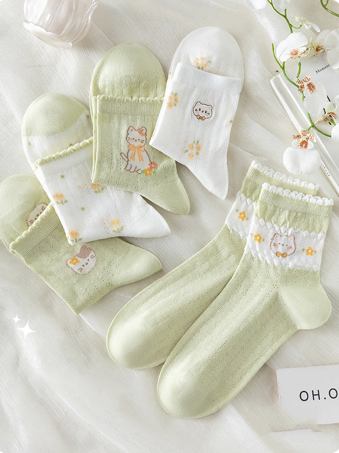 5 pairs of green cartoon bear spring summer socks