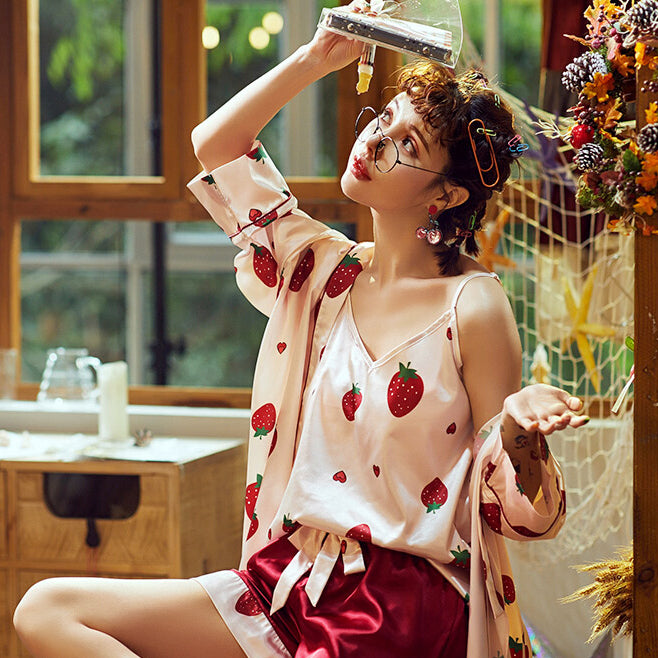Strawberry Print Silk Homewear Pajama Set