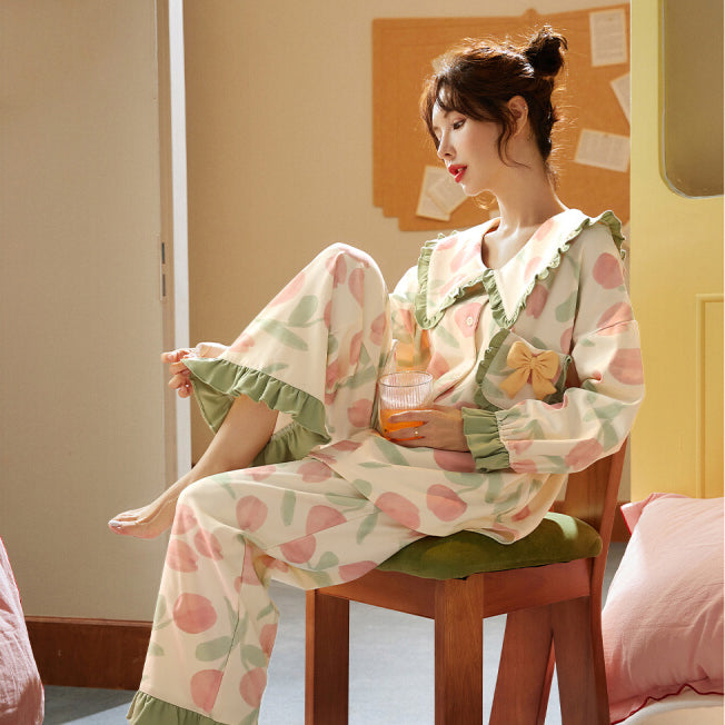 Tulip Printed Spring and Autumn Long Sleeve Cotton Pajama Set