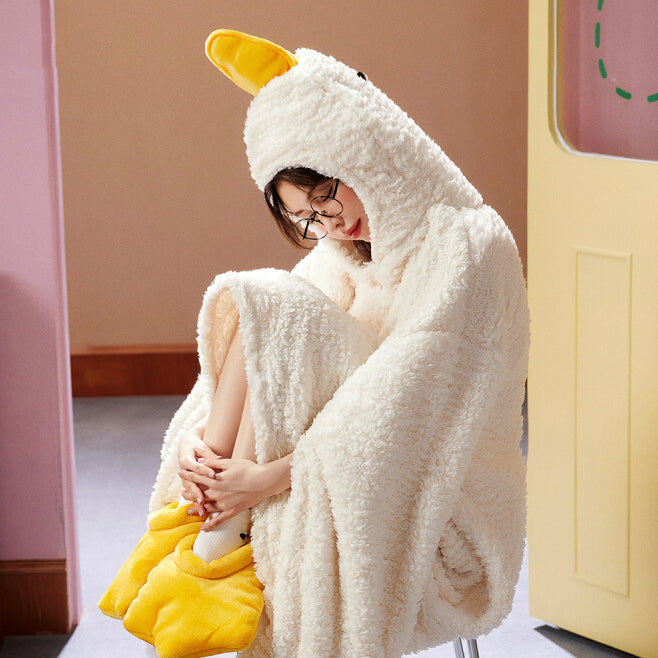Cute Cartoon White Goose Thickened Coral Fleece Autumn Winter Nightgown