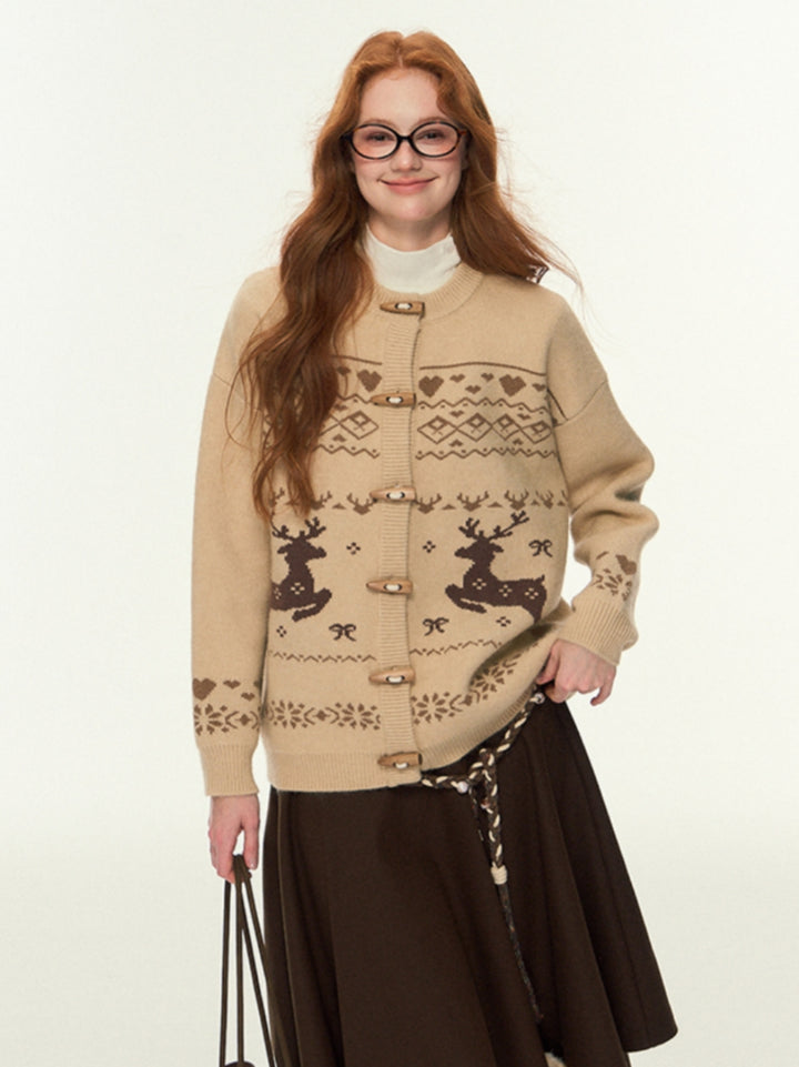 Open Front Knit Sweater with Deer Motif