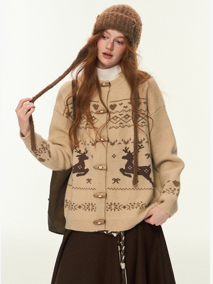 Open Front Knit Sweater with Deer Motif