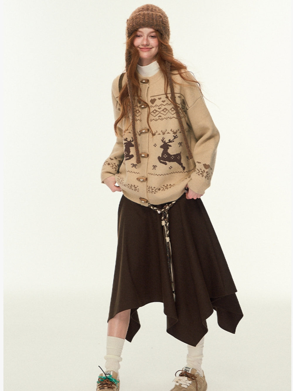 Open Front Knit Sweater with Deer Motif