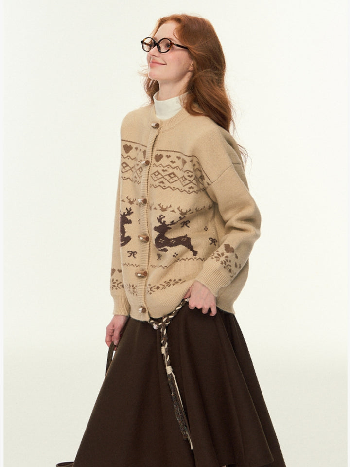 Open Front Knit Sweater with Deer Motif