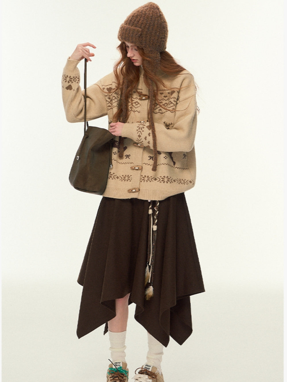 Open Front Knit Sweater with Deer Motif