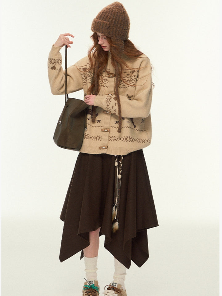 Open Front Knit Sweater with Deer Motif