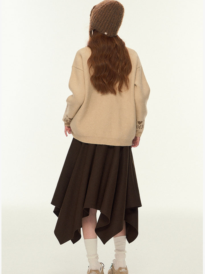 Open Front Knit Sweater with Deer Motif