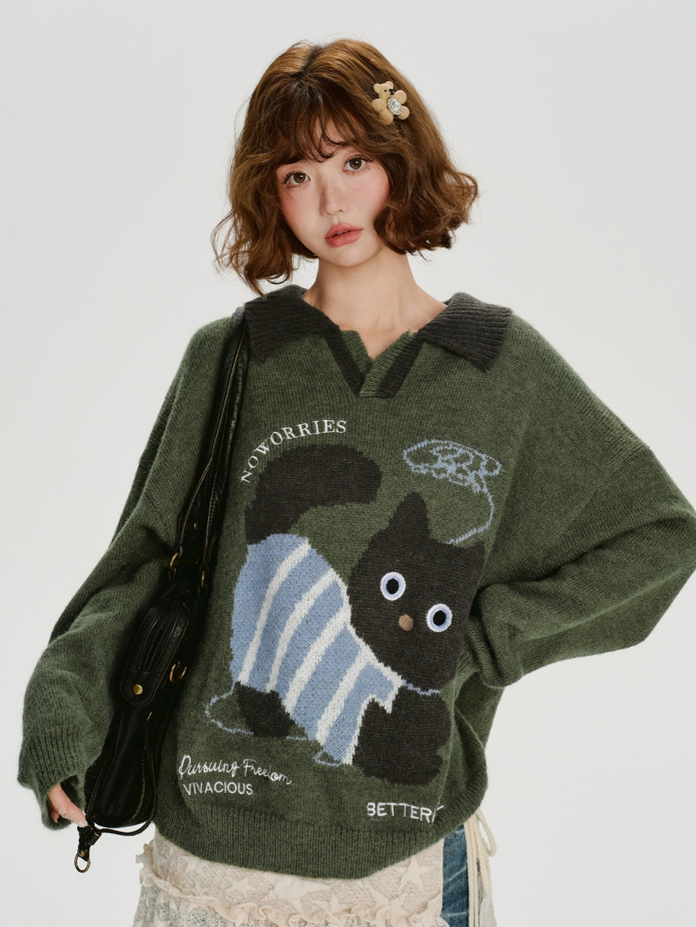 Playful Cat Pattern Knitwear Top