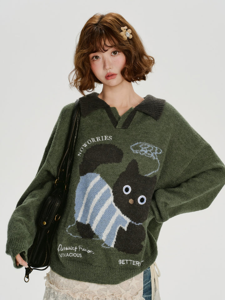 Playful Cat Pattern Knitwear Top