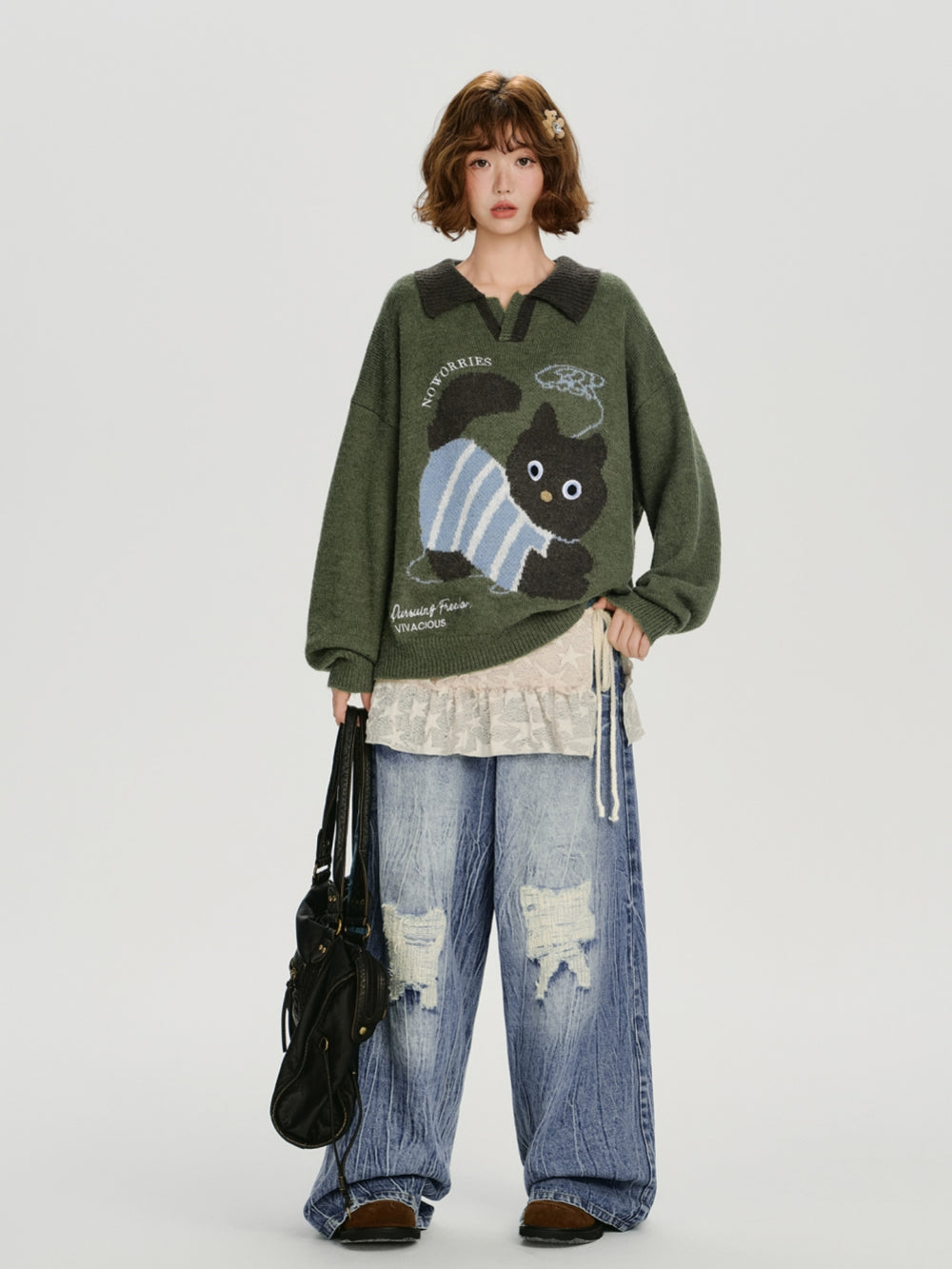 Playful Cat Pattern Knitwear Top