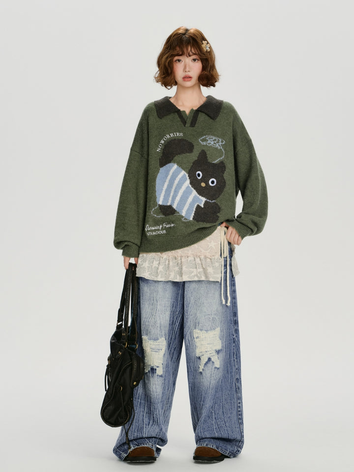 Playful Cat Pattern Knitwear Top